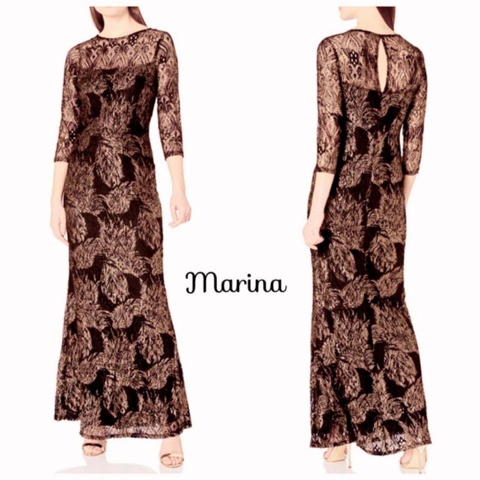 Marina Maroon/Gold Metalic Foiled Lace Illusion Neckline/Sleeves Maxidress